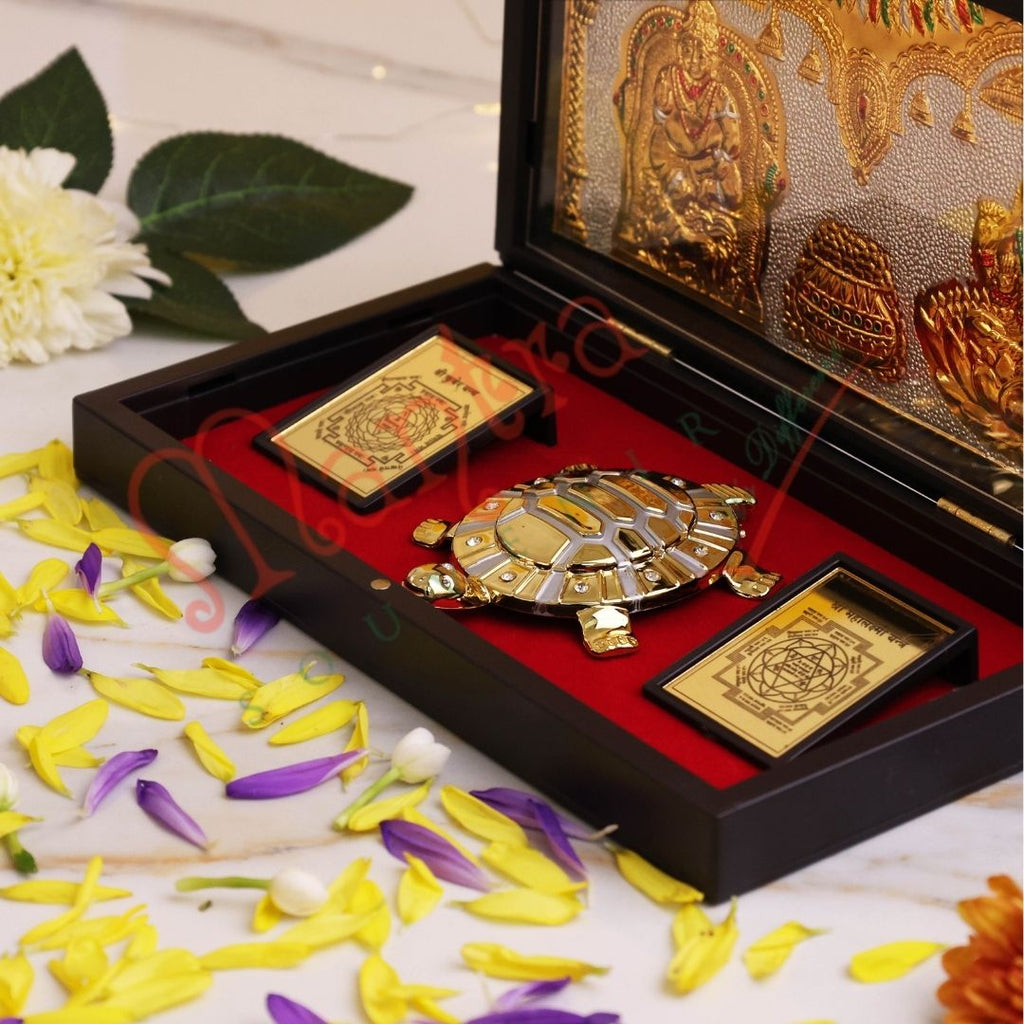Gold Plated Kuber Lakshmi Tortoise Box – Premium ABS Polymer Wealth Attraction Set for Home & Office – Divine Feng Shui Tortoise with Lakshmi Kuber Yantra Gift