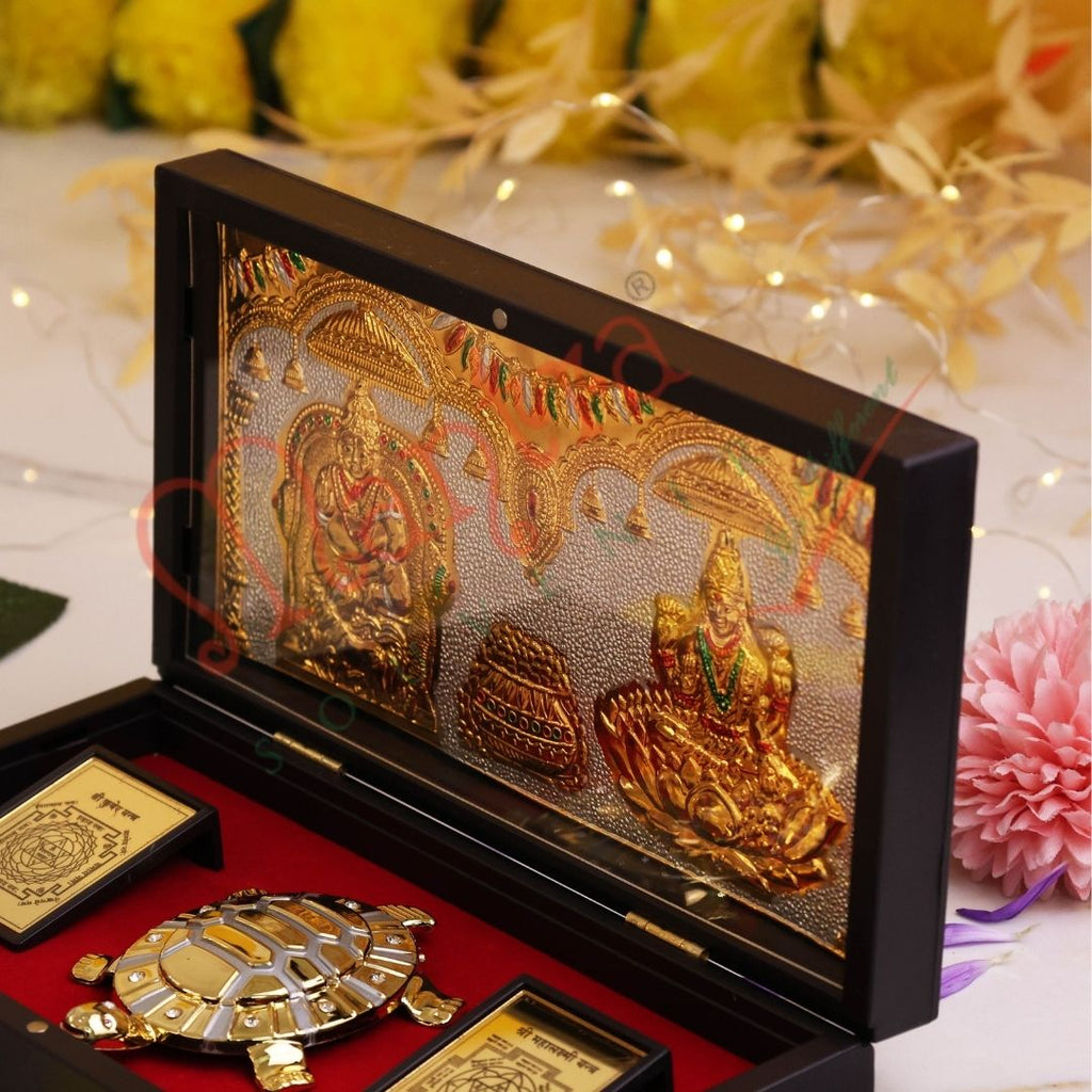 Gold Plated Kuber Lakshmi Tortoise Box – Premium ABS Polymer Wealth Attraction Set for Home & Office – Divine Feng Shui Tortoise with Lakshmi Kuber Yantra Gift