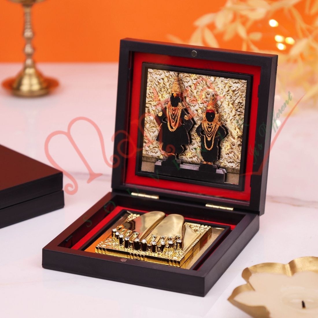 Vitthal Rukmini Charan Paduka with Premium Wooden Box | Gold Finish Divine Footprints | Panduranga Vithoba Pooja & Mandir Decor Gift