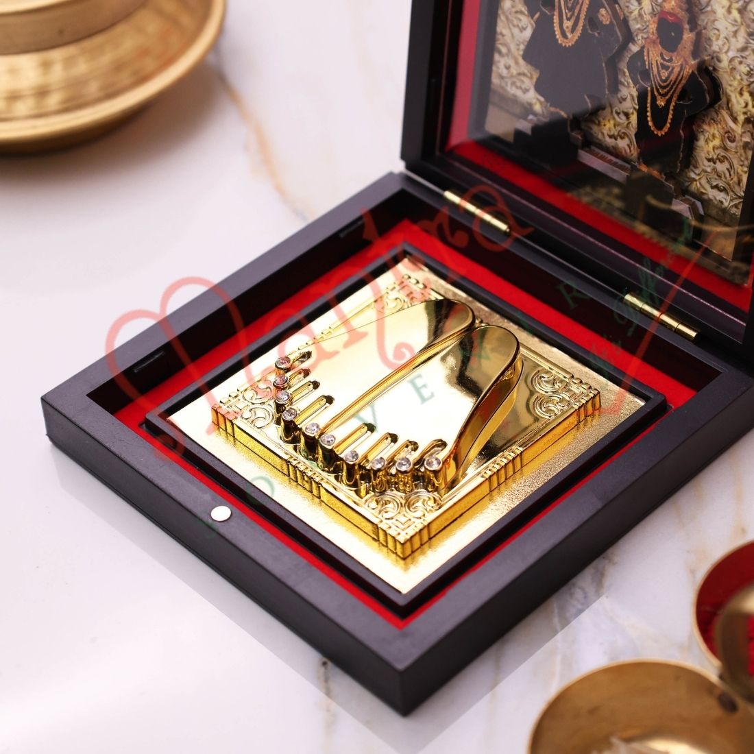 Vitthal Rukmini Charan Paduka with Premium Wooden Box | Gold Finish Divine Footprints | Panduranga Vithoba Pooja & Mandir Decor Gift