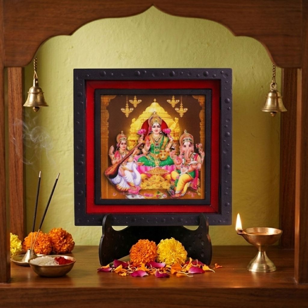 Classic 3D Lakshmi Ganesh Saraswati Photo Frame for Home Decor & Pooja Room | Divine Hindu God Idol Frame with Stand | Temple Decoration Item for Home, Office Desk, Mandir, Housewarming, Diwali Gift