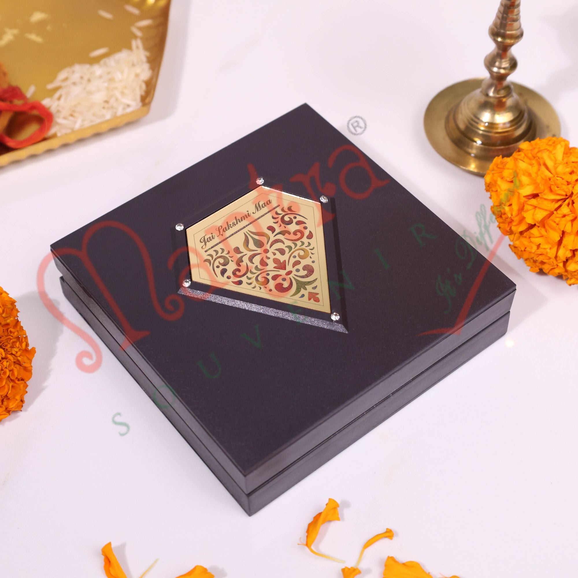 Gold Plated Maa Laxmi Charan Paduka Box – Divine Footprints of Wealth & Prosperity for Home Mandir, Office & Gifting