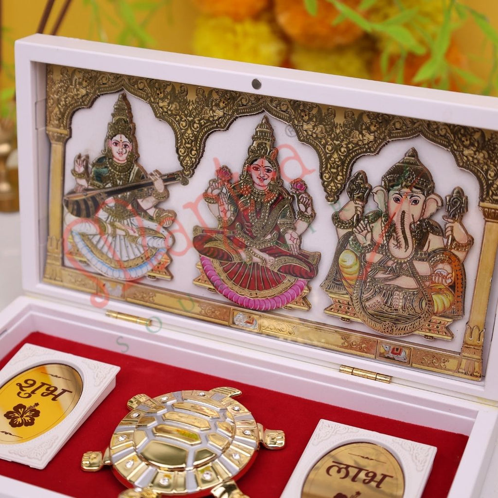 Premium 3D Laxmi Ganesh Saraswati Frame Box with Feng Shui Tortoise – Durable ABS Polymer Spiritual Gift Box for Home Mandir, Wealth & Prosperity