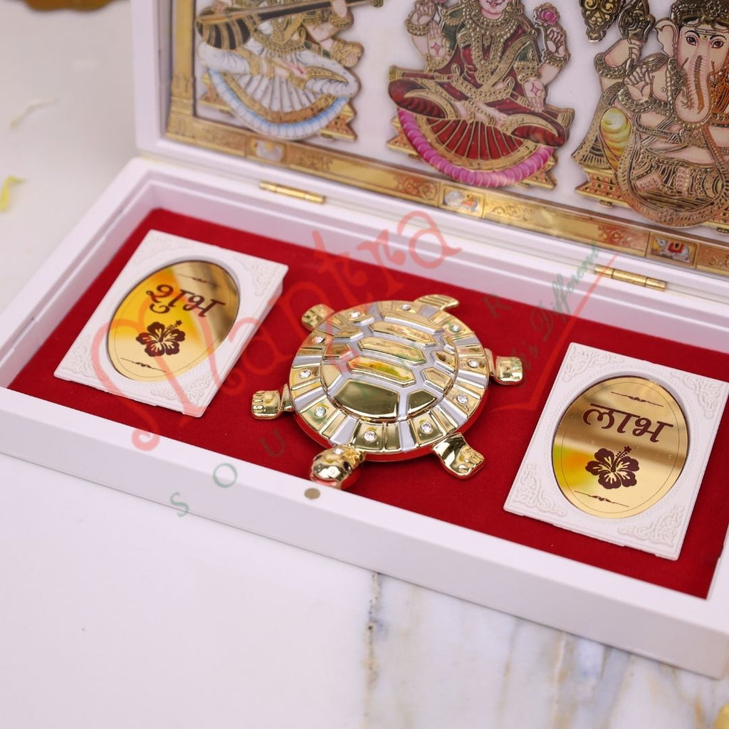 Premium 3D Laxmi Ganesh Saraswati Frame Box with Feng Shui Tortoise – Durable ABS Polymer Spiritual Gift Box for Home Mandir, Wealth & Prosperity