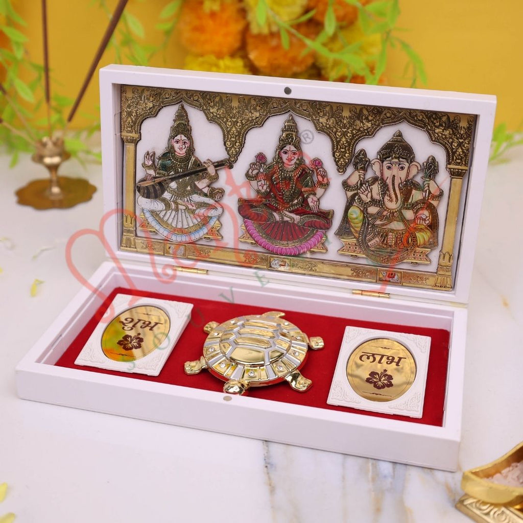 Premium 3D Laxmi Ganesh Saraswati Frame Box with Feng Shui Tortoise – Durable ABS Polymer Spiritual Gift Box for Home Mandir, Wealth & Prosperity