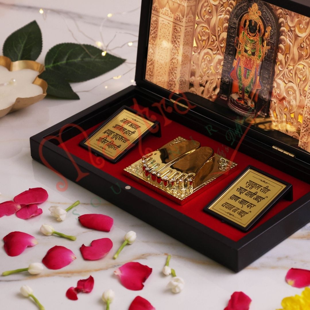 3D Ayodhya Ram Lalla Charan Paduka Box – Premium ABS Polymer Ram Mandir Souvenir for Home & Office – Divine Blessing Gift with Sacred Ram Shlokas