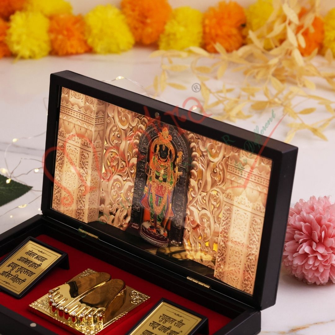3D Ayodhya Ram Lalla Charan Paduka Box – Premium ABS Polymer Ram Mandir Souvenir for Home & Office – Divine Blessing Gift with Sacred Ram Shlokas