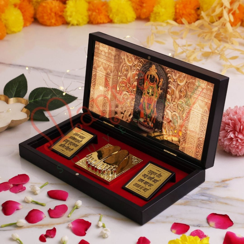 3D Ayodhya Ram Lalla Charan Paduka Box – Premium ABS Polymer Ram Mandir Souvenir for Home & Office – Divine Blessing Gift with Sacred Ram Shlokas