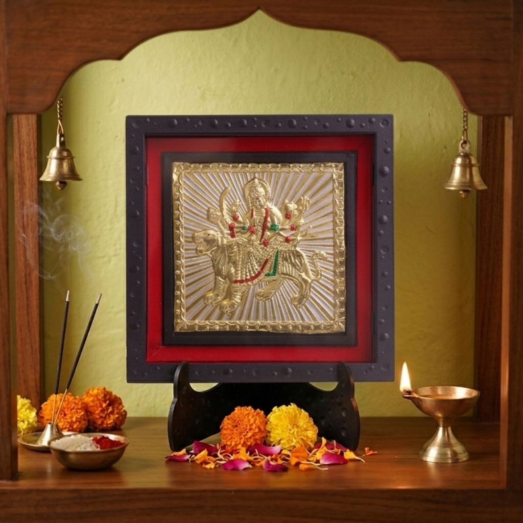 Classic Gold Ambe Maa Photo Frame for Home Temple | Divine Durga Mata Decorative Frame with Stand | Navratri Pooja Room Decor | Religious Spiritual Gift Item for Home Office Mandir Decoration