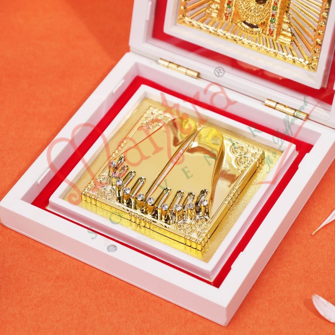 Marvel Yantram Elegant White Gold Plated Balaji Charan Paduka Box – Divine Lord Venkateswara Swamy Footprints for Vastu & Gifting