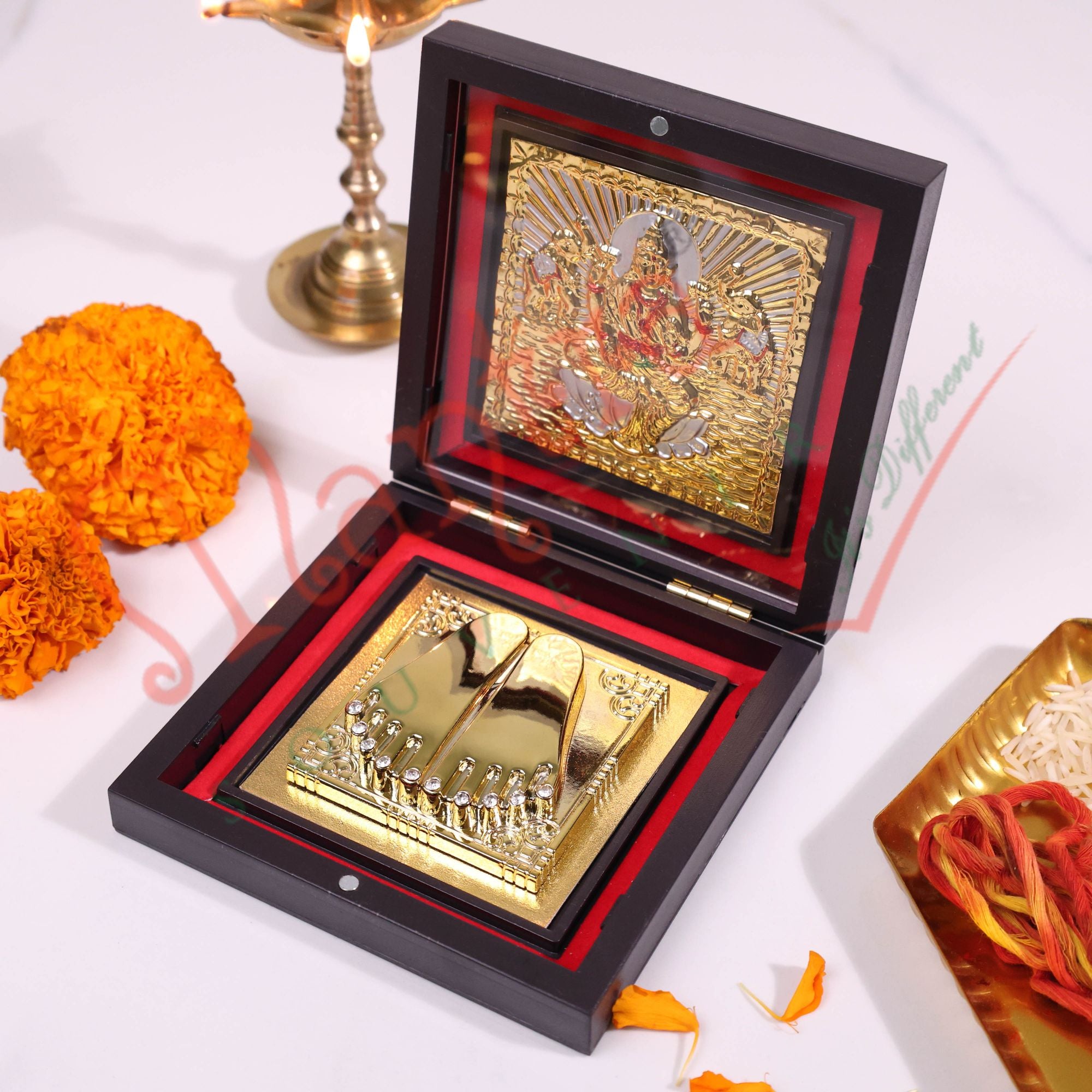 Gold Plated Maa Laxmi Charan Paduka Box – Divine Footprints of Wealth & Prosperity for Home Mandir, Office & Gifting