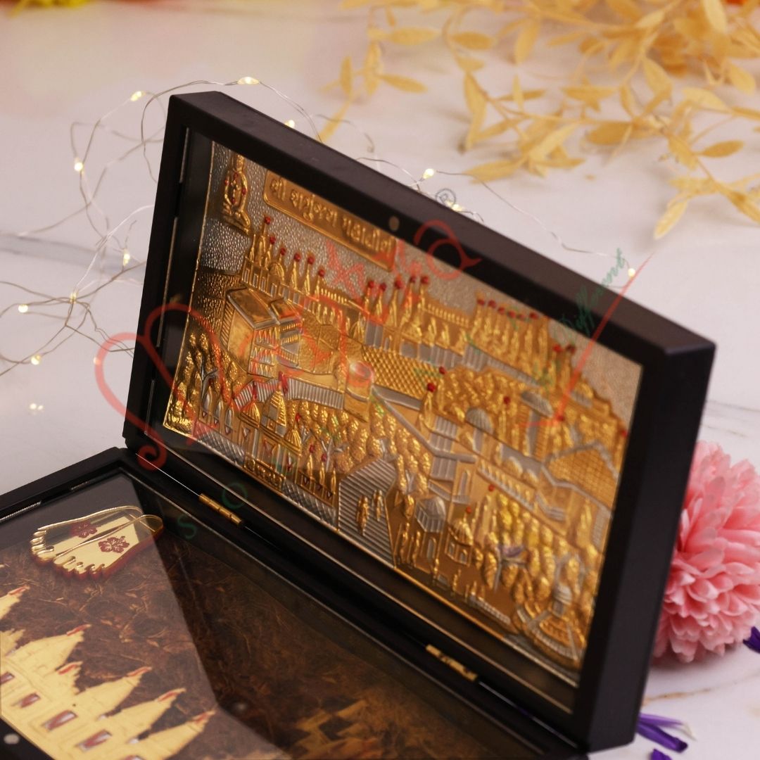 Gold Plated Shatrunjay Talethi Palitana Frame Box – Premium ABS Polymer Jain Mahatirth Souvenir for Home & Office – Divine Shatrunjay Mountain Blessing Gift