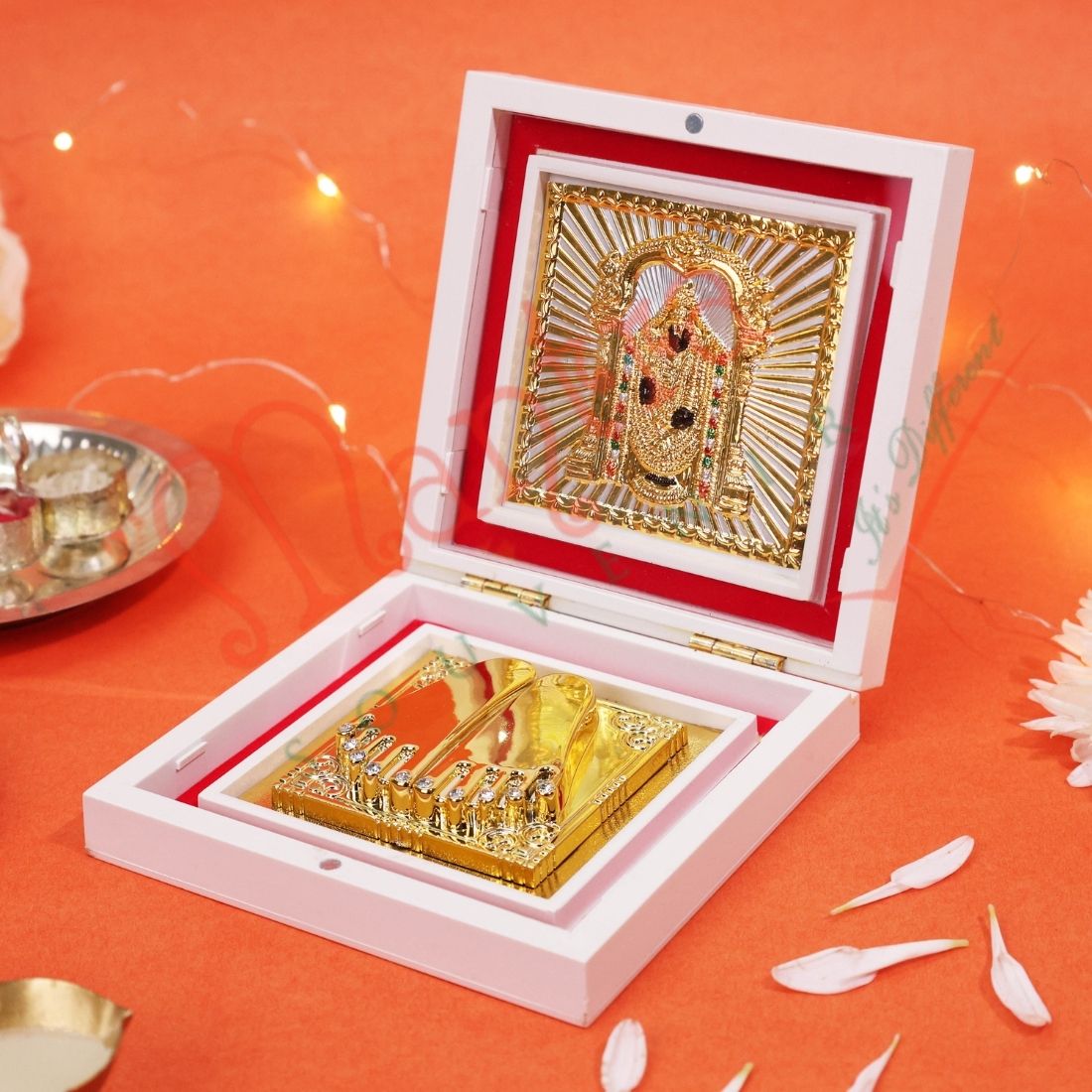 Marvel Yantram Elegant White Gold Plated Balaji Charan Paduka Box – Divine Lord Venkateswara Swamy Footprints for Vastu & Gifting