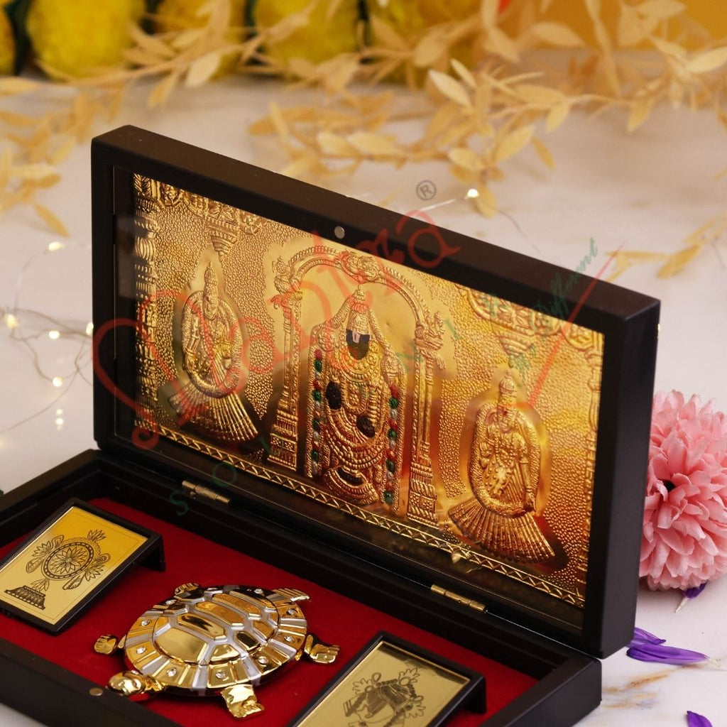 Gold Plated Tirupati Balaji Tortoise Box – Premium ABS Polymer Lord Venkateswara Idol for Home & Office – Divine Vastu Tortoise with Balaji Blessing Gift Set