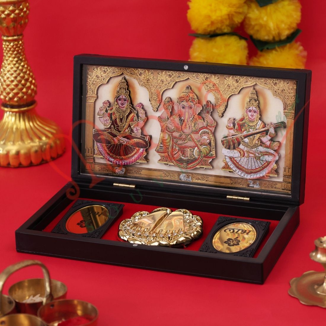 Deluxe 3D Lakshmi Ganesh Saraswati Charan Paduka with Box | Divine Puja Paduka for Wealth, Wisdom & Prosperity