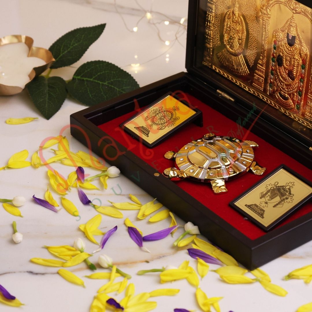 Gold Plated Tirupati Balaji Tortoise Box – Premium ABS Polymer Lord Venkateswara Idol for Home & Office – Divine Vastu Tortoise with Balaji Blessing Gift Set