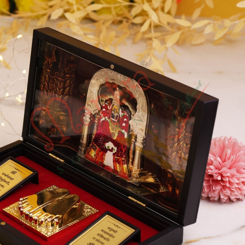3D Gold Plated Tulja Bhavani Maa Charan Paduka Box – Premium ABS Polymer Kulswamini Devi Idol for Home & Office – Divine Blessing Gift with Sacred Shlokas