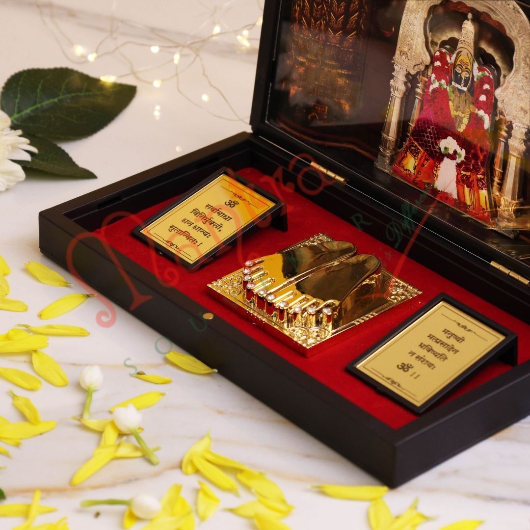 3D Gold Plated Tulja Bhavani Maa Charan Paduka Box – Premium ABS Polymer Kulswamini Devi Idol for Home & Office – Divine Blessing Gift with Sacred Shlokas