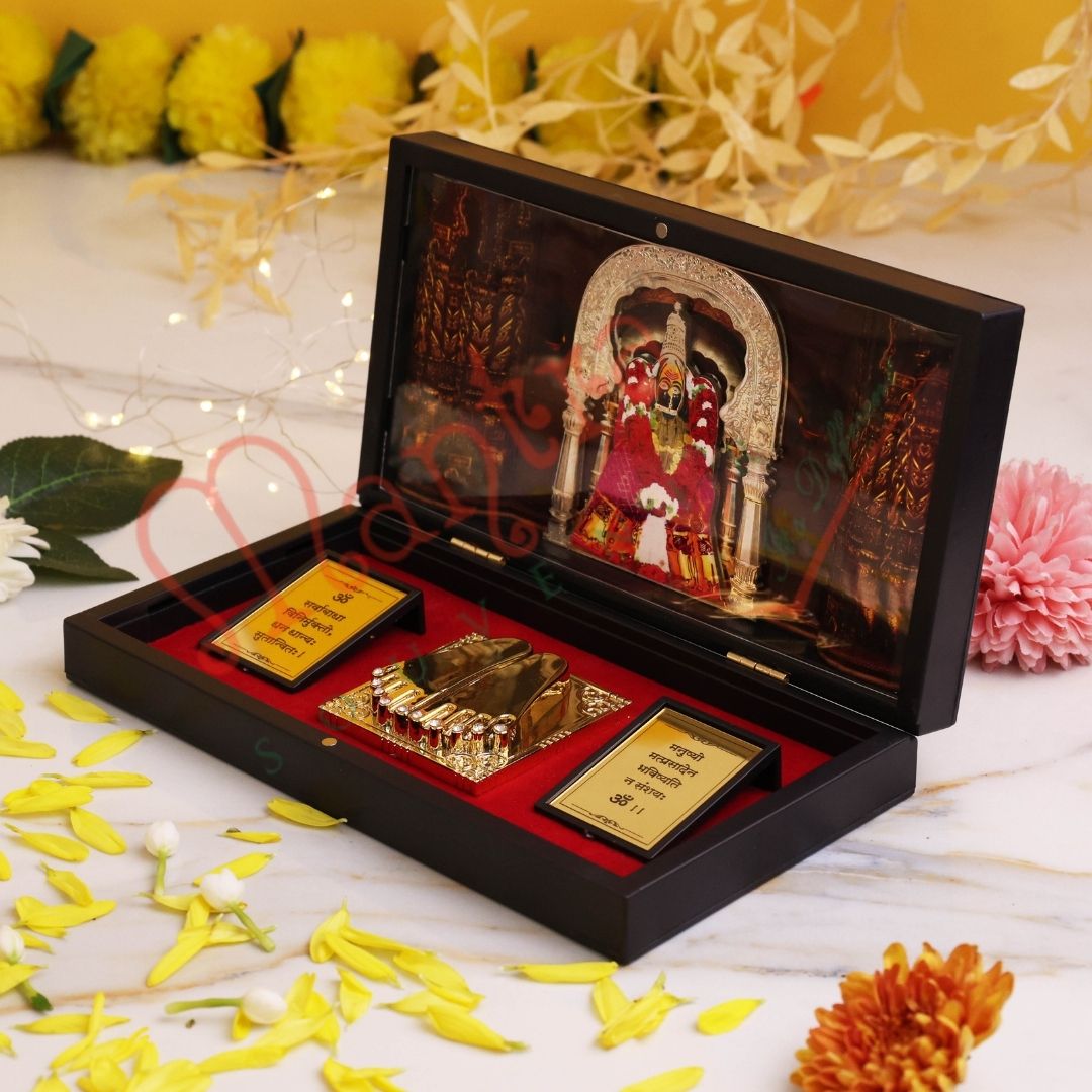3D Gold Plated Tulja Bhavani Maa Charan Paduka Box – Premium ABS Polymer Kulswamini Devi Idol for Home & Office – Divine Blessing Gift with Sacred Shlokas