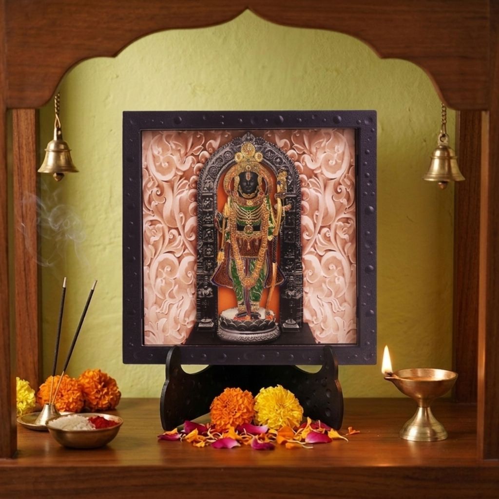 Classic 3D Big Ram Lalla Photo Frame with Stand for Home Temple | Premium Ram Lalla Murti Design Devotional Frame for Pooja Room, Mandir, Living Room, Office Desk | Spiritual Religious Home Decor & Gift Item