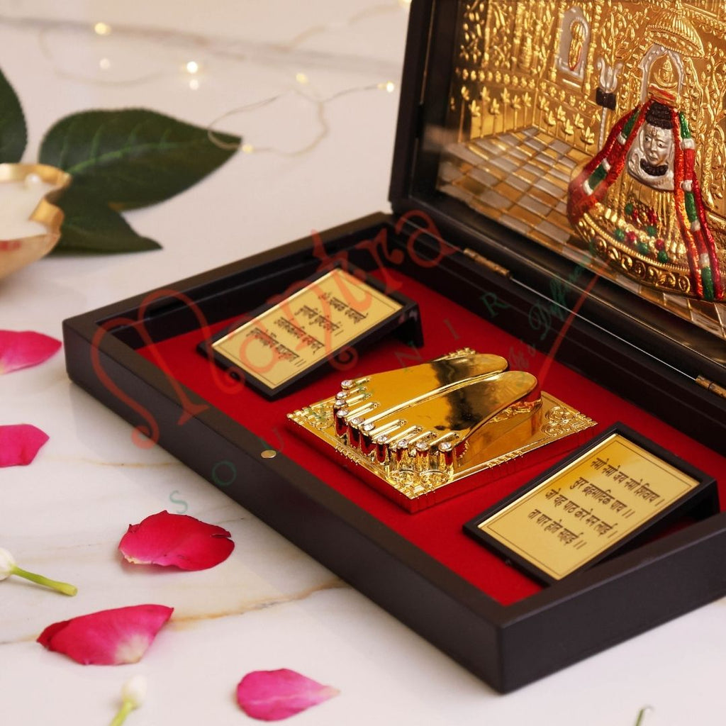 Gold Plated Somnath Jyotirlinga Charan Paduka Box – Premium ABS Polymer Religious Gift for Home Temple & Office – Divine Blessing Souvenir for Puja & Gifting
