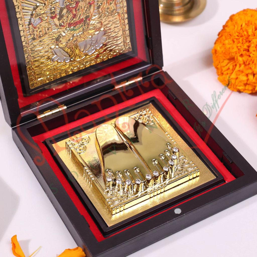 Gold Plated Maa Laxmi Charan Paduka Box – Divine Footprints of Wealth & Prosperity for Home Mandir, Office & Gifting