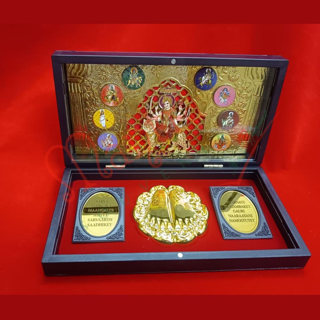 Deluxe 3D Durga Maa & Navdurga Charan Paduka Gift Box – Gold Plated ABS Polymer Devotional Frame for Home Temple, Office & Gifting