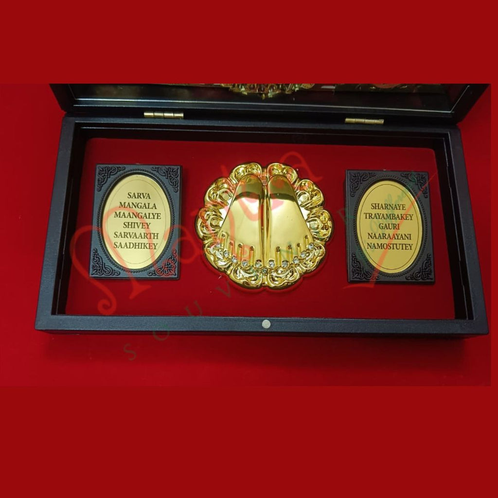 Deluxe 3D Durga Maa & Navdurga Charan Paduka Gift Box – Gold Plated ABS Polymer Devotional Frame for Home Temple, Office & Gifting