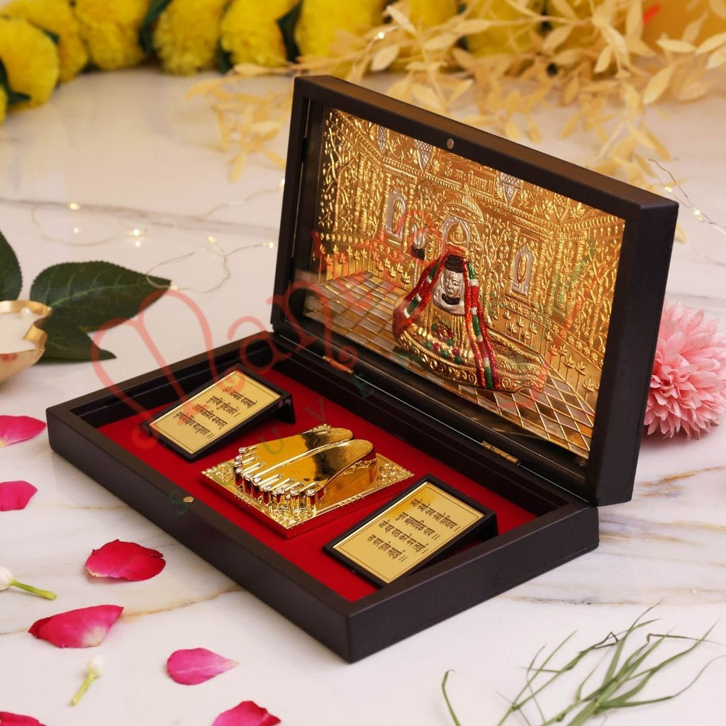 Gold Plated Somnath Jyotirlinga Charan Paduka Box – Premium ABS Polymer Religious Gift for Home Temple & Office – Divine Blessing Souvenir for Puja & Gifting