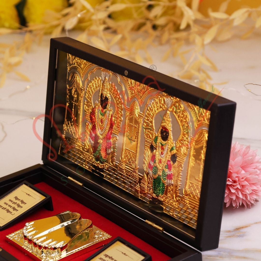 Gold Plated Vitthal Rukmini Charan Paduka Box – Premium ABS Polymer Pandurang Vitthal Rukhumai Idol for Home Temple