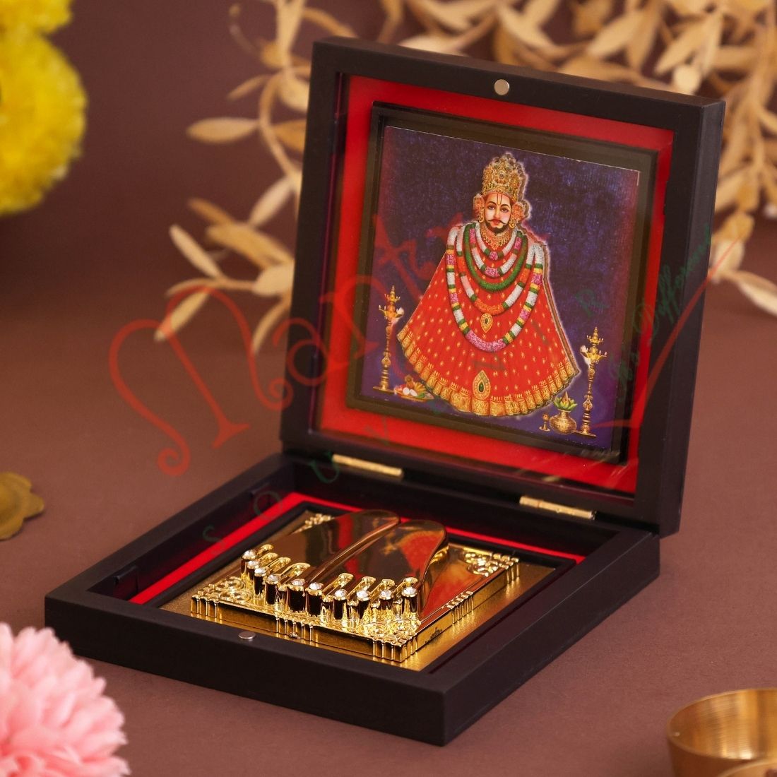 Yantram Divine 3D Khatu Shyam Ji Gold-Plated Charan Paduka Box – Sacred Desktop & Home Mandir Idol for Blessings