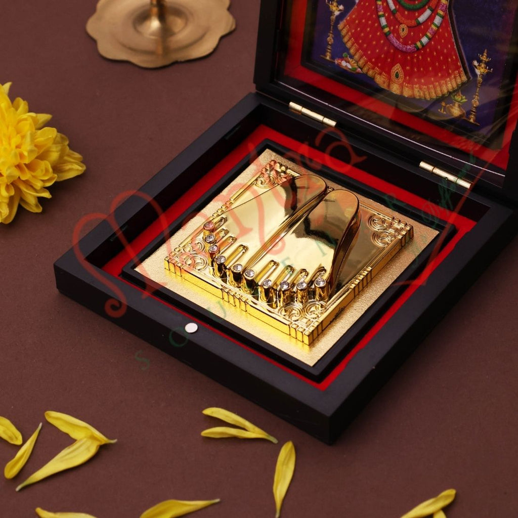 Yantram Divine 3D Khatu Shyam Ji Gold-Plated Charan Paduka Box – Sacred Desktop & Home Mandir Idol for Blessings