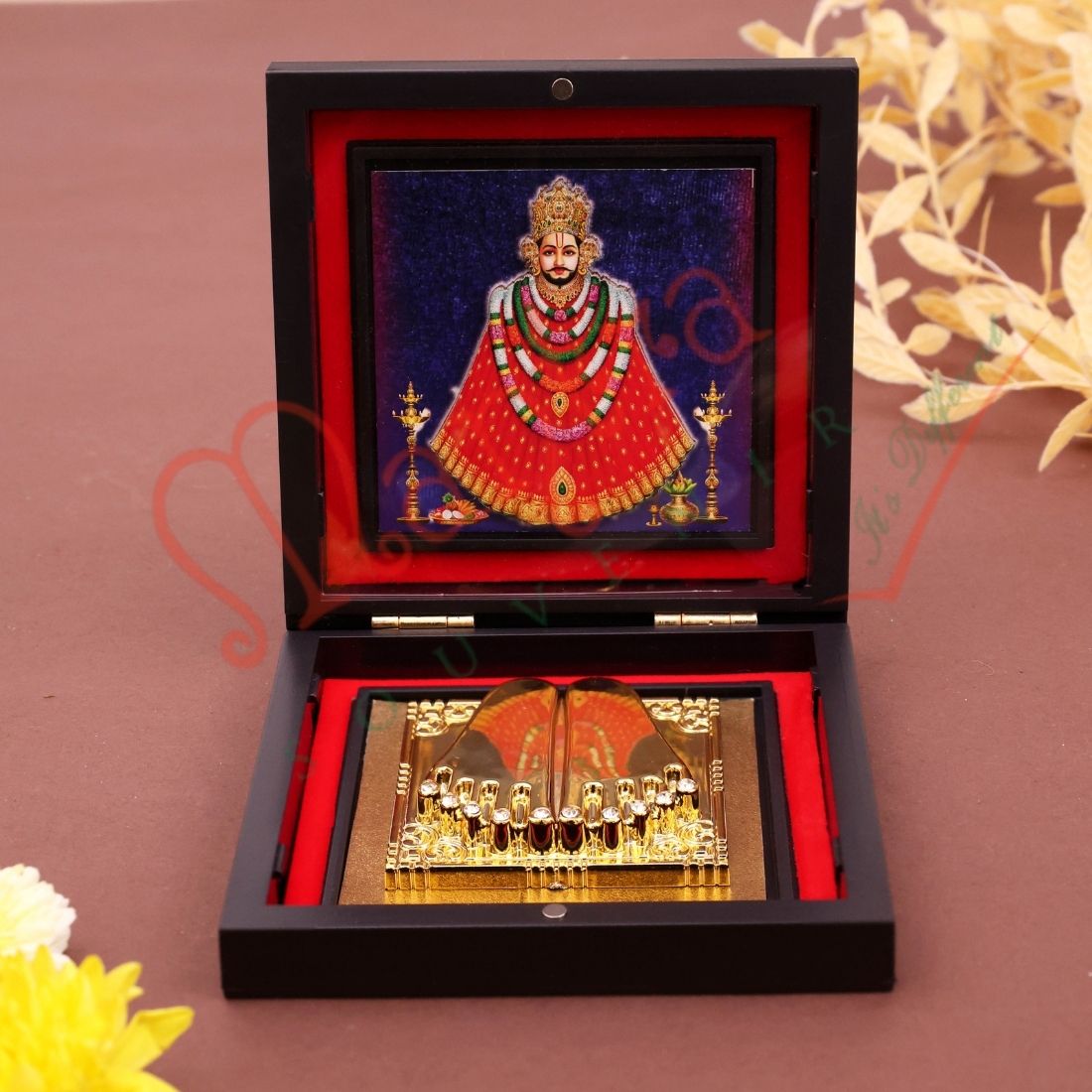 Yantram Divine 3D Khatu Shyam Ji Gold-Plated Charan Paduka Box – Sacred Desktop & Home Mandir Idol for Blessings