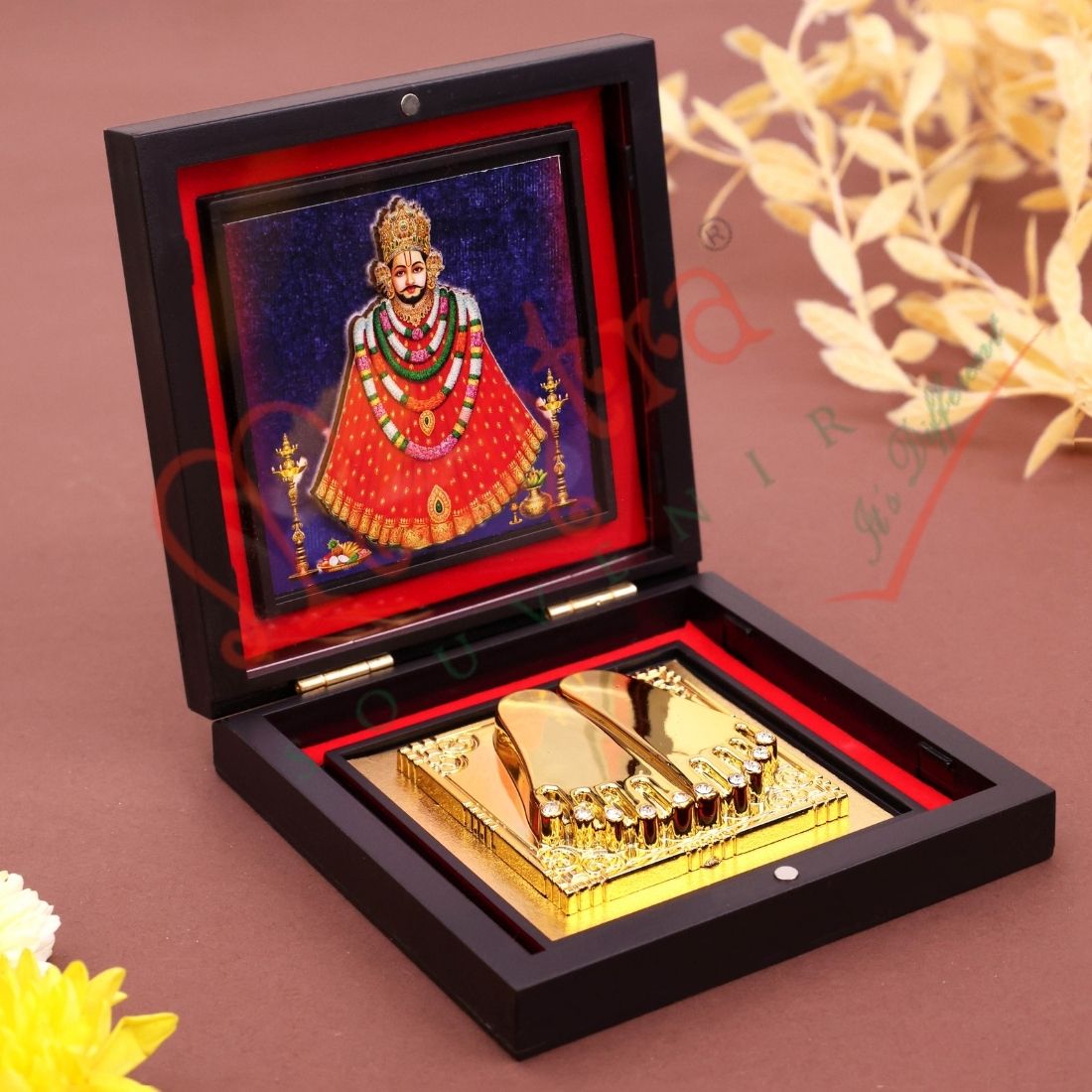 Yantram Divine 3D Khatu Shyam Ji Gold-Plated Charan Paduka Box – Sacred Desktop & Home Mandir Idol for Blessings