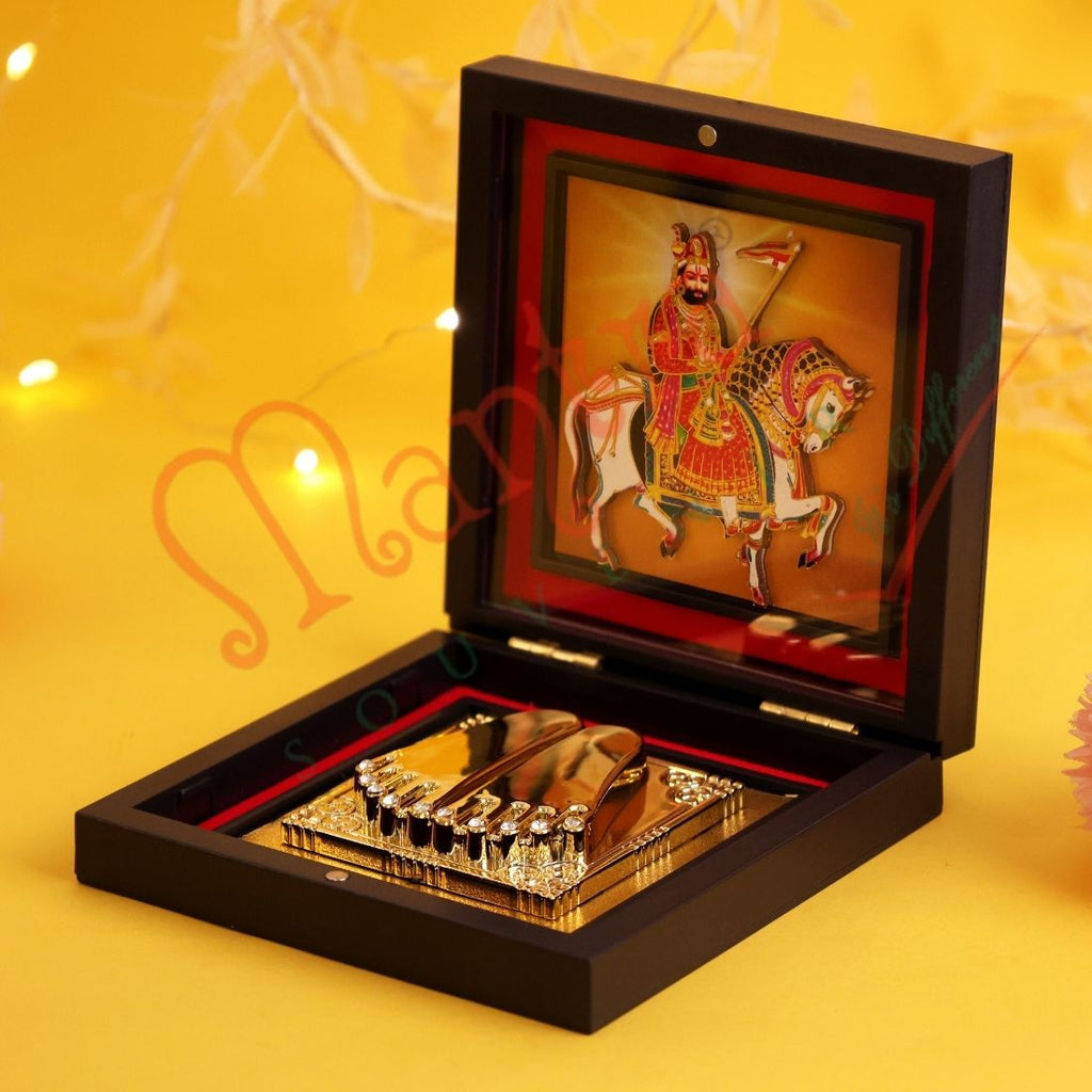 3D Ramdev Baba Gold-Plated Charan Paduka Altar – Divine Horseback Rider (Leela Ghoda) Blessing Box for Home & Success