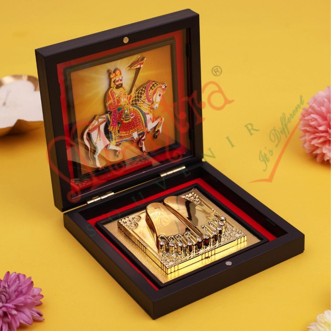 3D Ramdev Baba Gold-Plated Charan Paduka Altar – Divine Horseback Rider (Leela Ghoda) Blessing Box for Home & Success