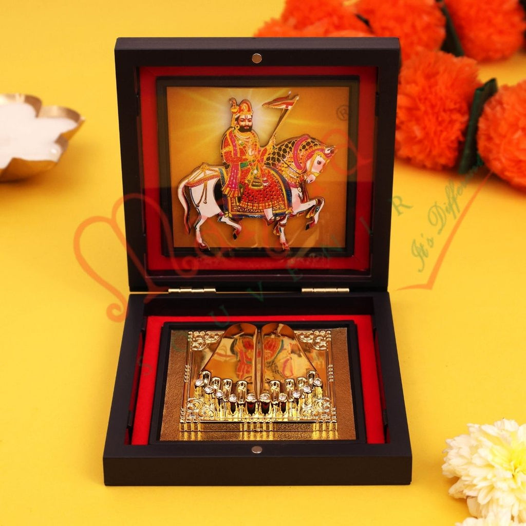 3D Ramdev Baba Gold-Plated Charan Paduka Altar – Divine Horseback Rider (Leela Ghoda) Blessing Box for Home & Success