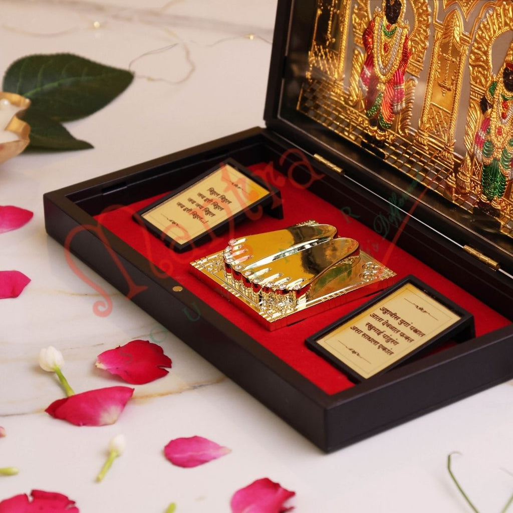 Gold Plated Vitthal Rukmini Charan Paduka Box – Premium ABS Polymer Pandurang Vitthal Rukhumai Idol for Home Temple