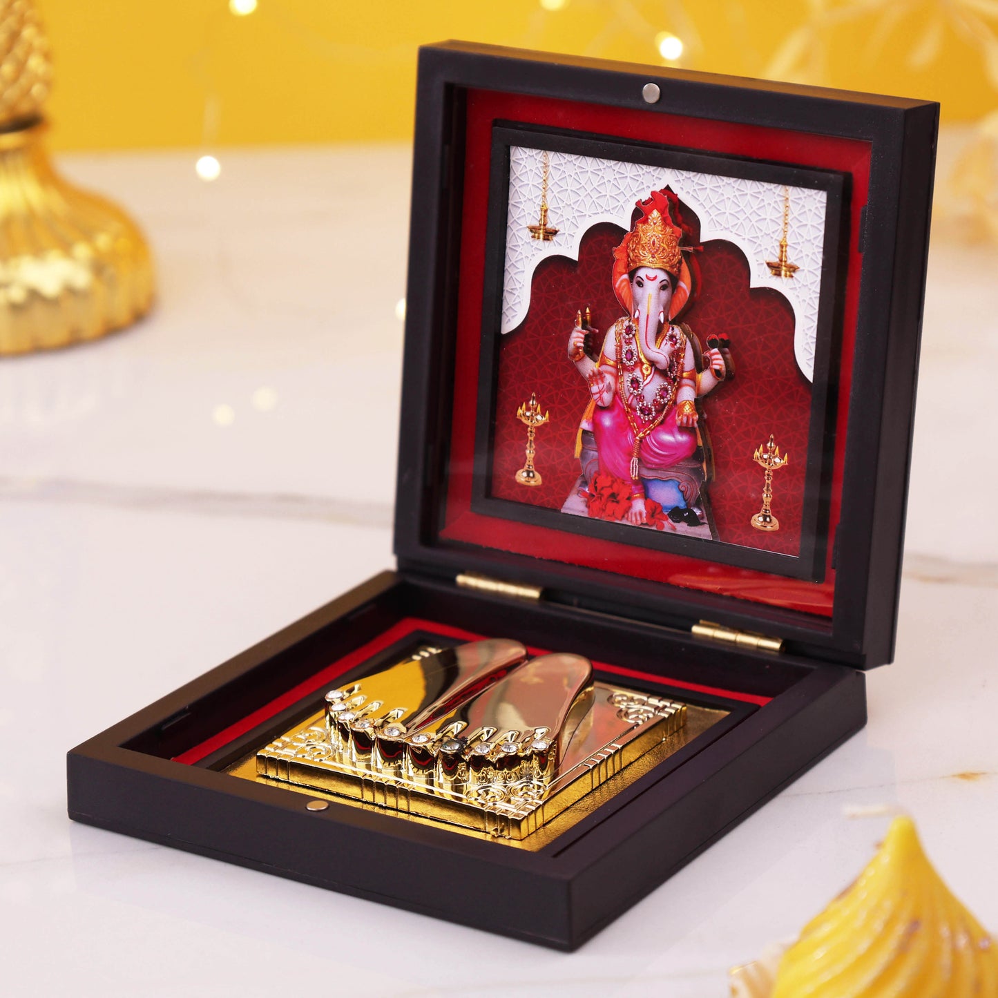 Lord Ganesha Charan Paduka with Wooden Box | Gold Finish Divine Footprints | Ganpati Pooja Mandir Decor | Spiritual Religious Gift