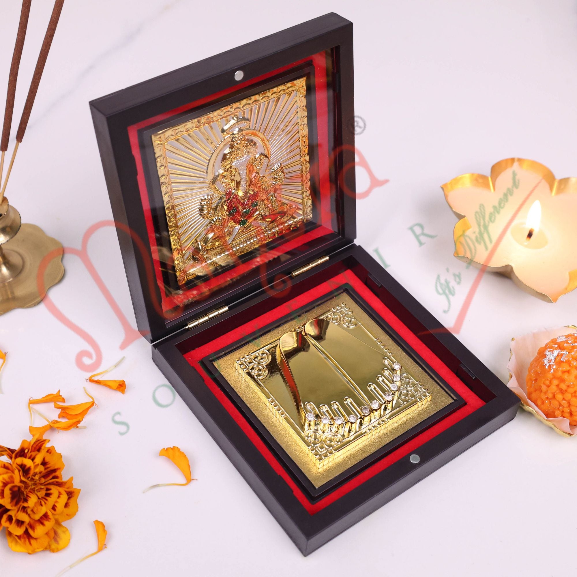 Gold Plated Lord Ganesha Charan Paduka in Premium Box – Divine Ganesh Footprints for Success, Home Mandir & Gifting