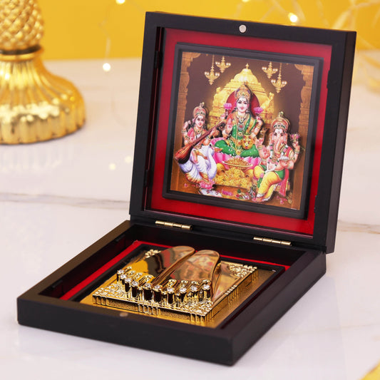 Lakshmi Ganesh Saraswati  Charan Paduka with Wooden Box | Gold Finish Divine Footprints | Wealth Wisdom Prosperity Mandir Decor | Spiritual Religious Gift