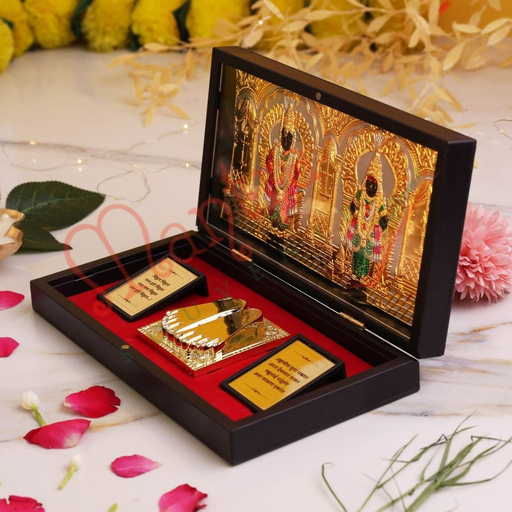 Gold Plated Vitthal Rukmini Charan Paduka Box – Premium ABS Polymer Pandurang Vitthal Rukhumai Idol for Home Temple