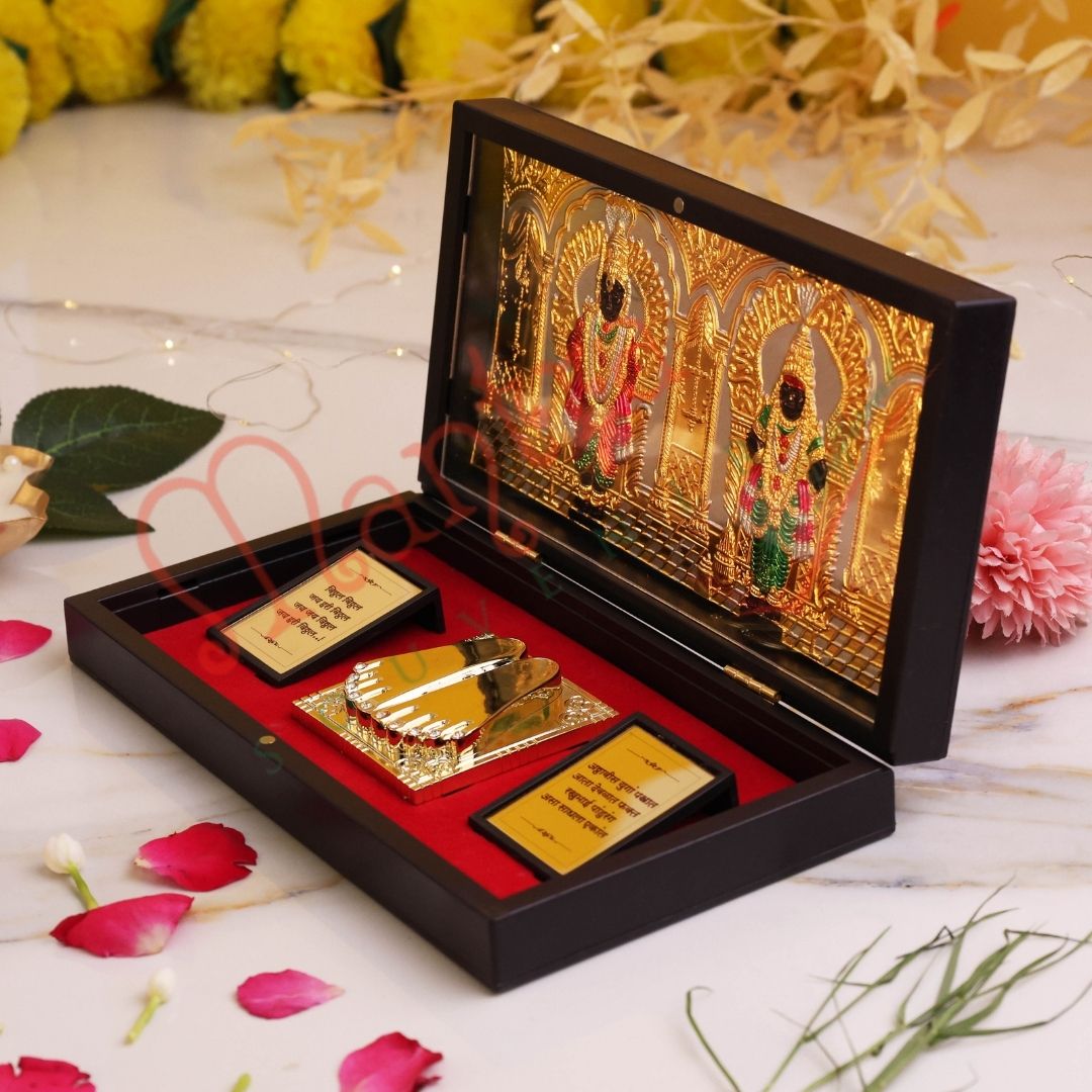 Gold Plated Vitthal Rukmini Charan Paduka Box – Premium ABS Polymer Pandurang Vitthal Rukhumai Idol for Home Temple