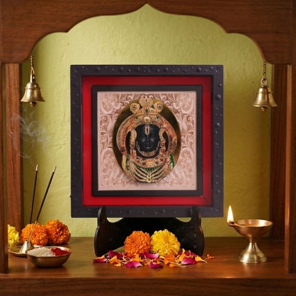 3D Ram Lalla Photo Frame for Home Decor | ABS Polymer Decorative Deity Frame with Stand | Ayodhya Ram Lalla Religious Photo Frame for Pooja Room Mandir Decoration | Hindu Spiritual Gift Item