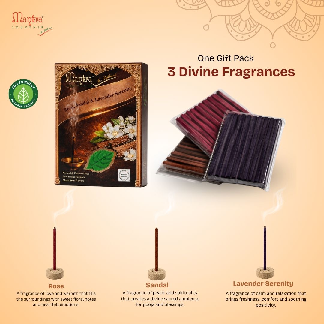 Mantra Souvenir Premium Gift Incense Dhoop Sticks Pack of 6 (180 Sticks) | Rose Sandal Lavender Fragrance Gift Pack | Unique Spiritual Gift for Diwali Housewarming Wedding Return Gifts Corporate Gifting Pooja Gift Hampers
