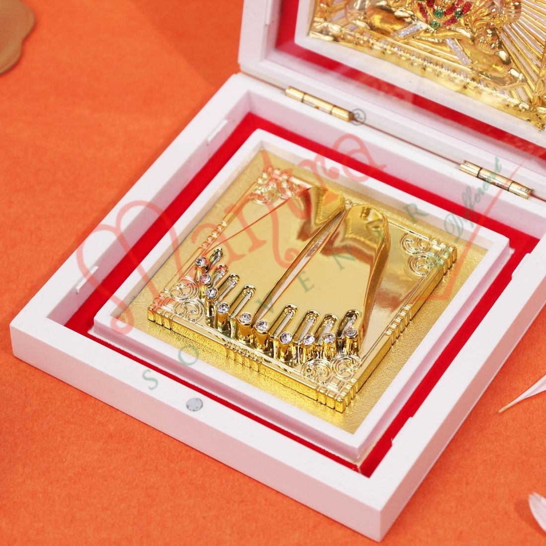 Marvel Edition Gold Plated Lord Ganesha Charan Paduka in Premium White ABS Polymer Box – Divine Obstacle Remover for Home Mandir & Car Dashboard