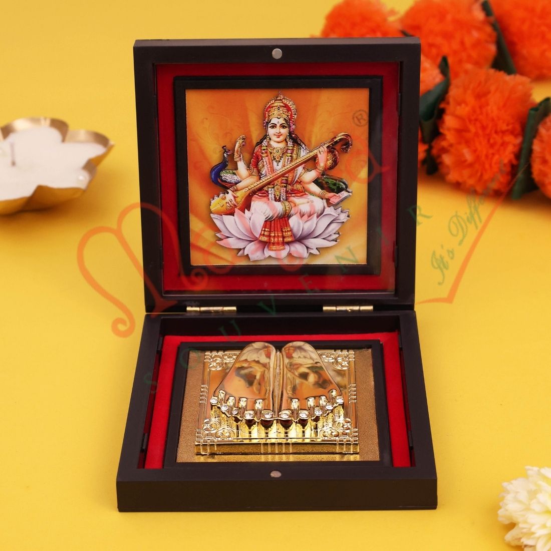Yantram Divine 3D Saraswati Charan Paduka Box – Wisdom & Knowledge Gift Set in Premium Frame