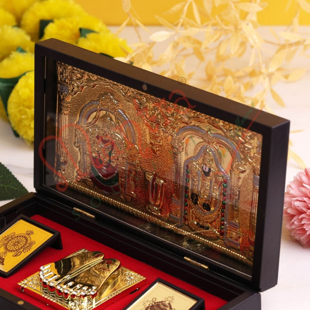 Premium Gold Plated Tirupati Balaji & Padmavati Charan Paduka Box – Durable ABS Polymer Spiritual Frame for Home Mandir, Office Desk & Auspicious Gifting