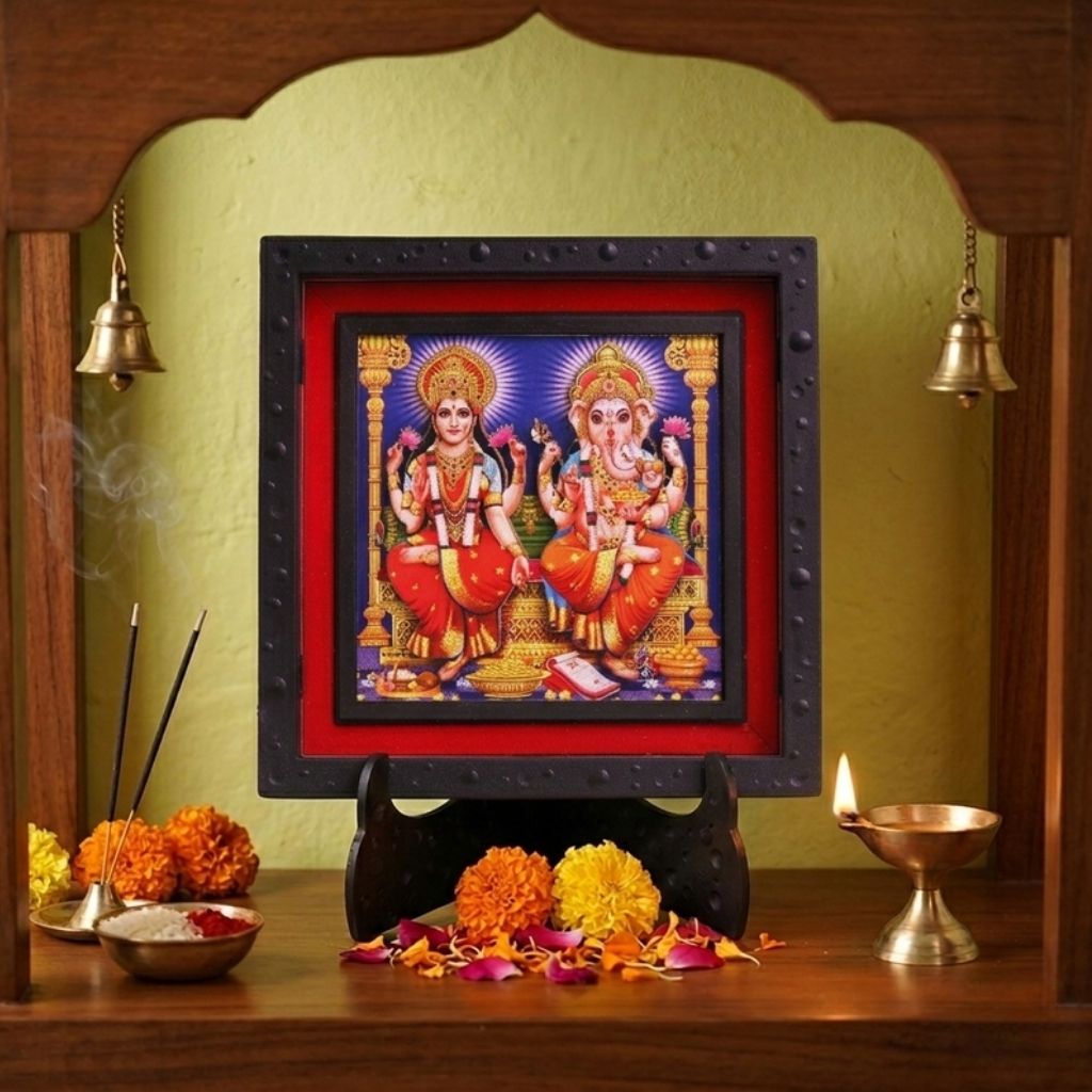 Classic 3D Laxmi Ganesh Deity Photo Frame with Stand | Lakshmi Ganesh Religious Photo Frame for Home Temple Pooja Room Decor | Divine Hindu God Frame for Office Desk Living Room | Spiritual Gift Item