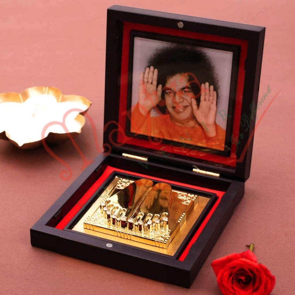 Yantram 3D Satya Sai Baba Gold-Plated Charan Paduka Box – Sacred Desktop & Home Mandir Blessing